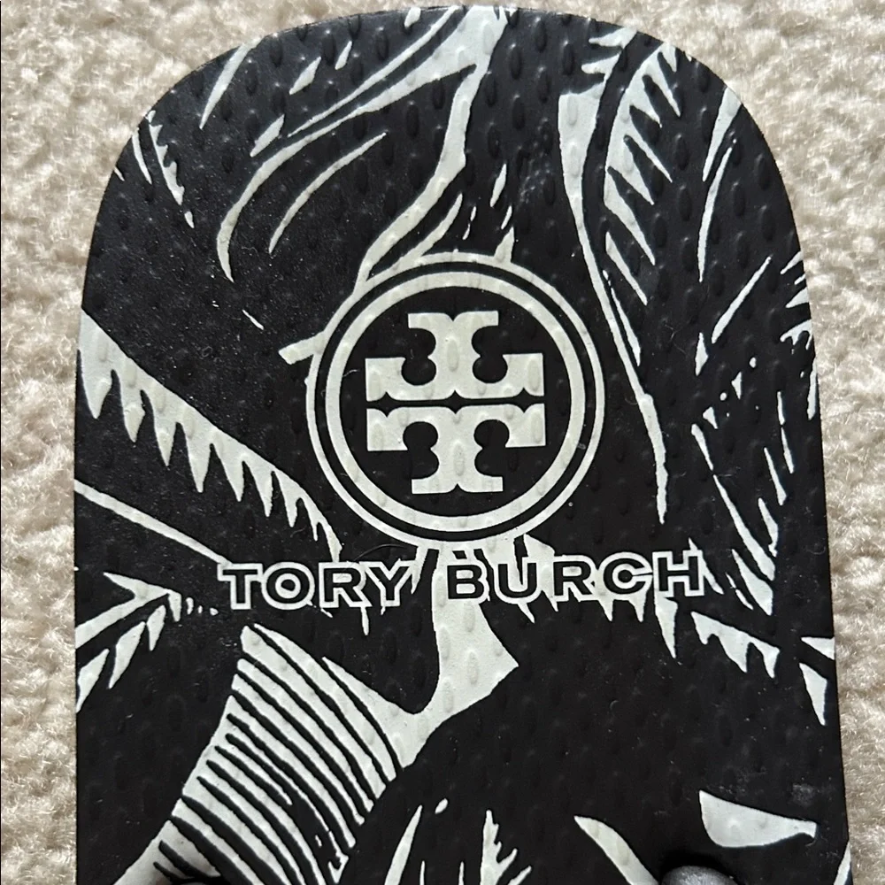 Tory Burch Black & White Tropical Logo Flip Flops - Picture 2 of 4